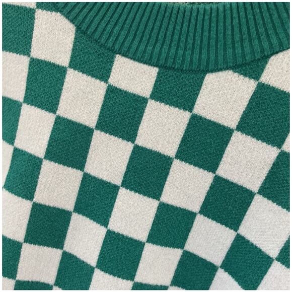 Green Checkboard Crew Neck Pullover Sweater – Kelly Green & White, Size S - Picture 6 of 6